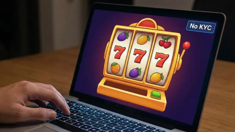 No KYC online casino on a laptop – pokie reels showing three sevens